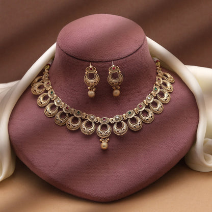 Rani & Green Color Matte Gold Necklace Set Designed For Statement Traditional Wear