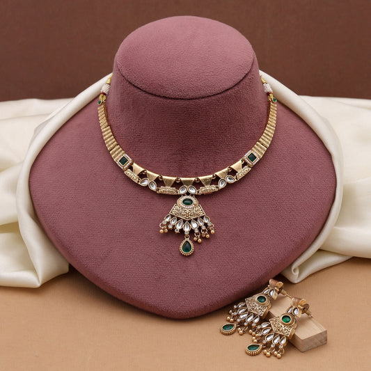 Green Color Matte Gold Necklace Set Perfect For Saree And Lehenga Styling