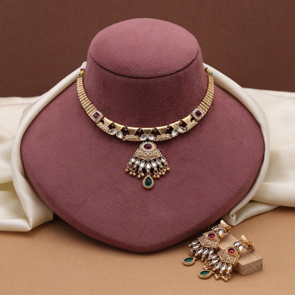 Rani & Green Color Matte Gold Necklace Set Crafted For Elegant Festive Occasions