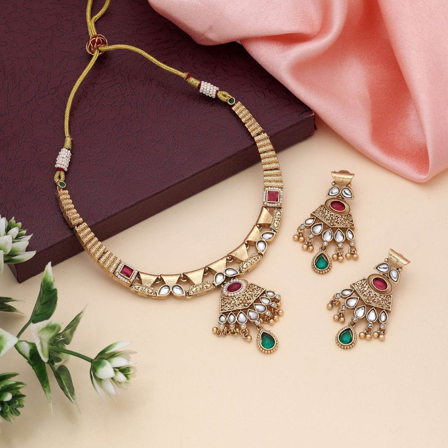 Rani & Green Color Matte Gold Necklace Set Crafted For Elegant Festive Occasions