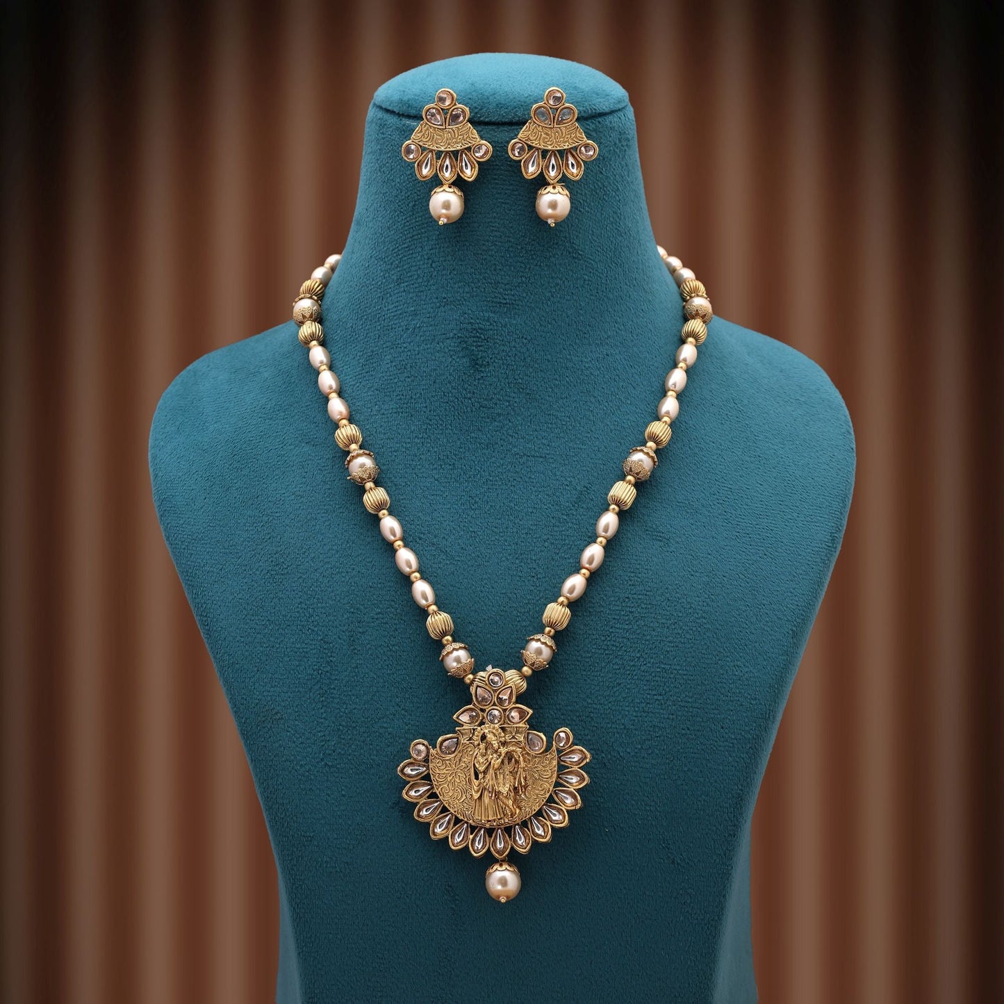 Gold Color Lord Radha Krishna Matte Gold Necklace Set With Divine Traditional Artistry