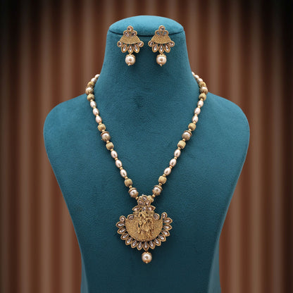 Gold Color Lord Radha Krishna Matte Gold Necklace Set With Divine Traditional Artistry