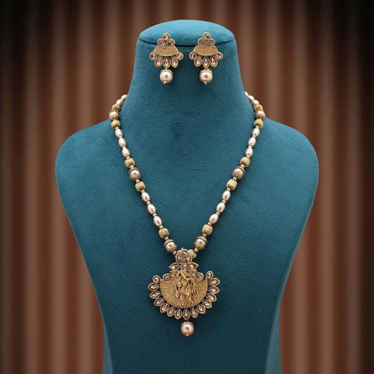 Gold Color Lord Radha Krishna Matte Gold Necklace Set With Divine Traditional Artistry