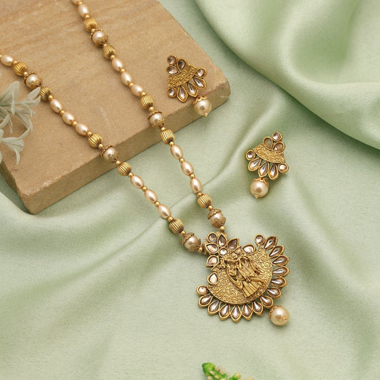 Gold Color Lord Radha Krishna Matte Gold Necklace Set With Divine Traditional Artistry