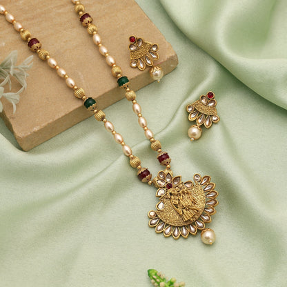 Maroon & Green Color Lord Radha Krishna Matte Gold Necklace Set For Devotional Elegance