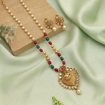 Rani & Green Color Matte Gold Necklace Set Designed For Grand Cultural Celebrations