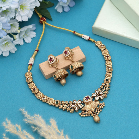 Rani & Green Color Matte Gold Necklace Set Featuring Bold Ethnic Statement Design