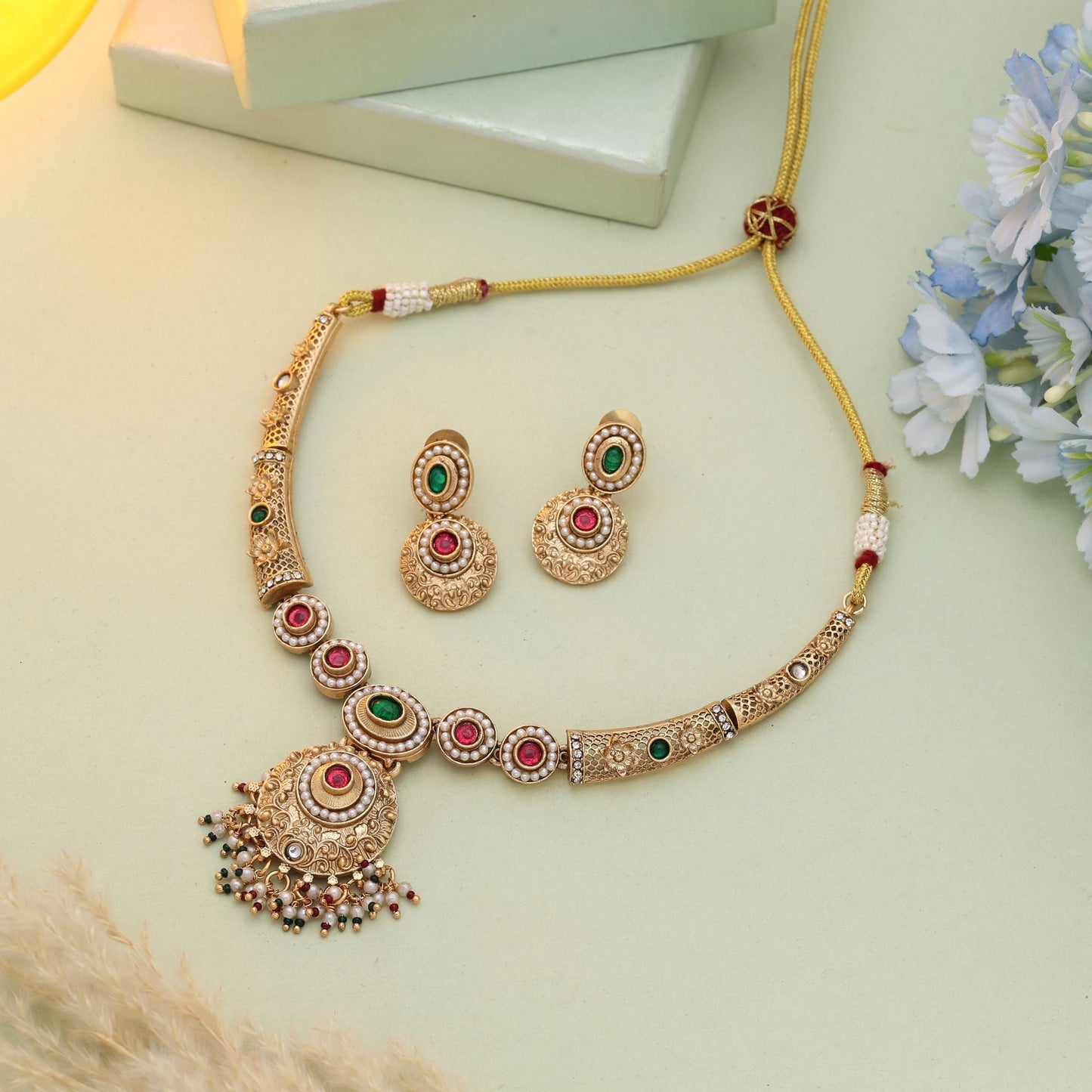Rani & Green Color Matte Gold Necklace Set With Rich Antique Gold Finish