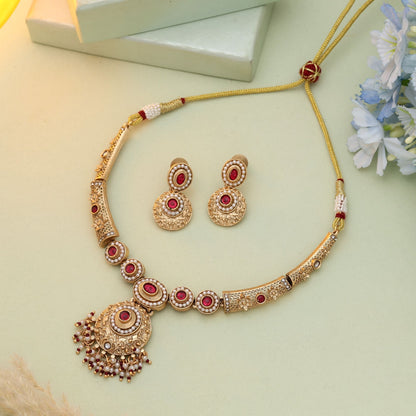 Rani Color Matte Gold Necklace Set Suitable For Bridal And Festive Wear