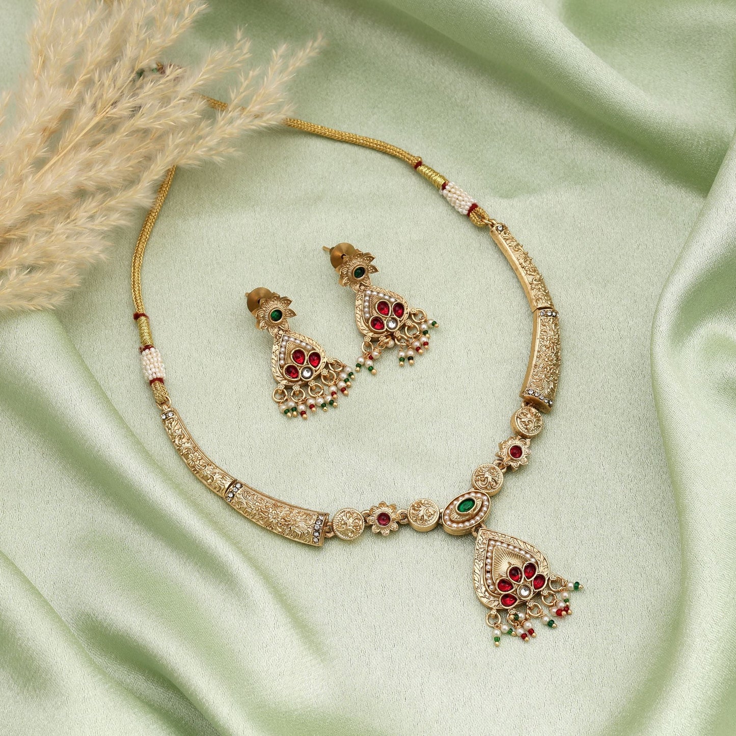 Rani & Green Color Matte Gold Necklace Set Designed For Elegant Ethnic Outfits