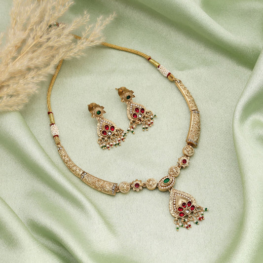 Rani & Green Color Matte Gold Necklace Set Designed For Elegant Ethnic Outfits