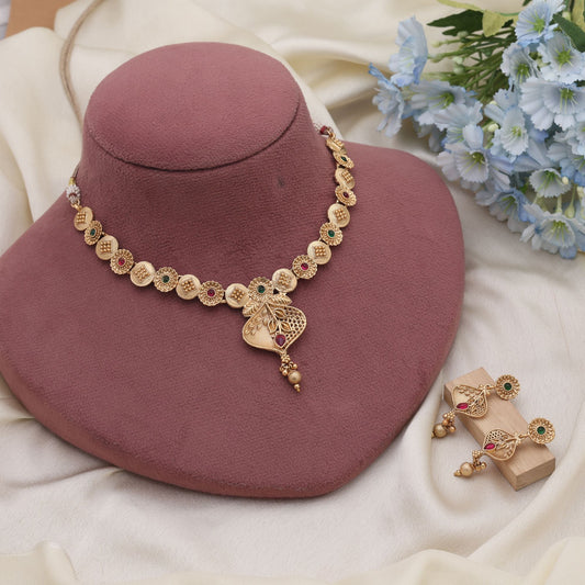 Rani & Green Color Matte Gold Necklace Set Offering Regal Charm And Heritage Appeal