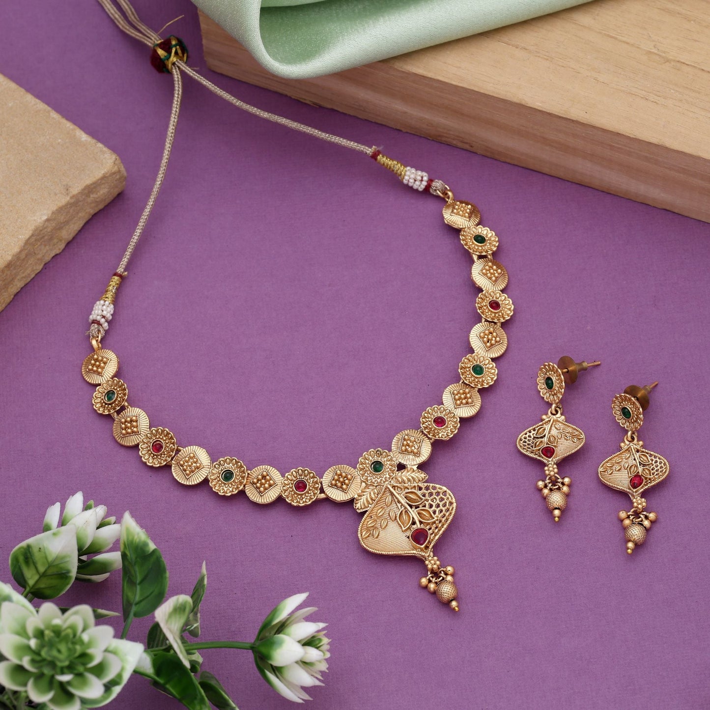 Rani & Green Color Matte Gold Necklace Set Offering Regal Charm And Heritage Appeal