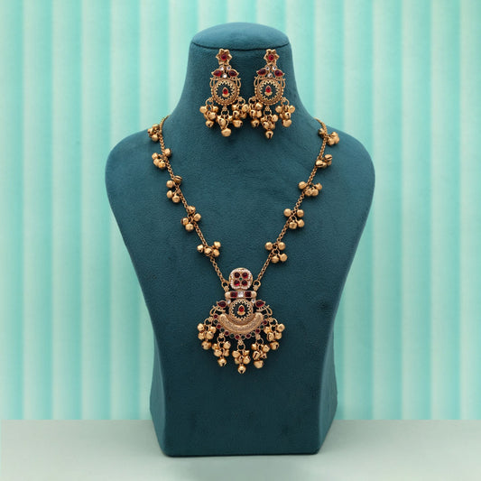 Rani & Green Color Royal Traditional Matte Gold Necklace Set For Weddings