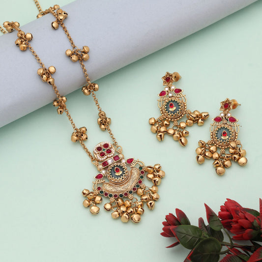 Rani & Green Color Royal Traditional Matte Gold Necklace Set For Weddings