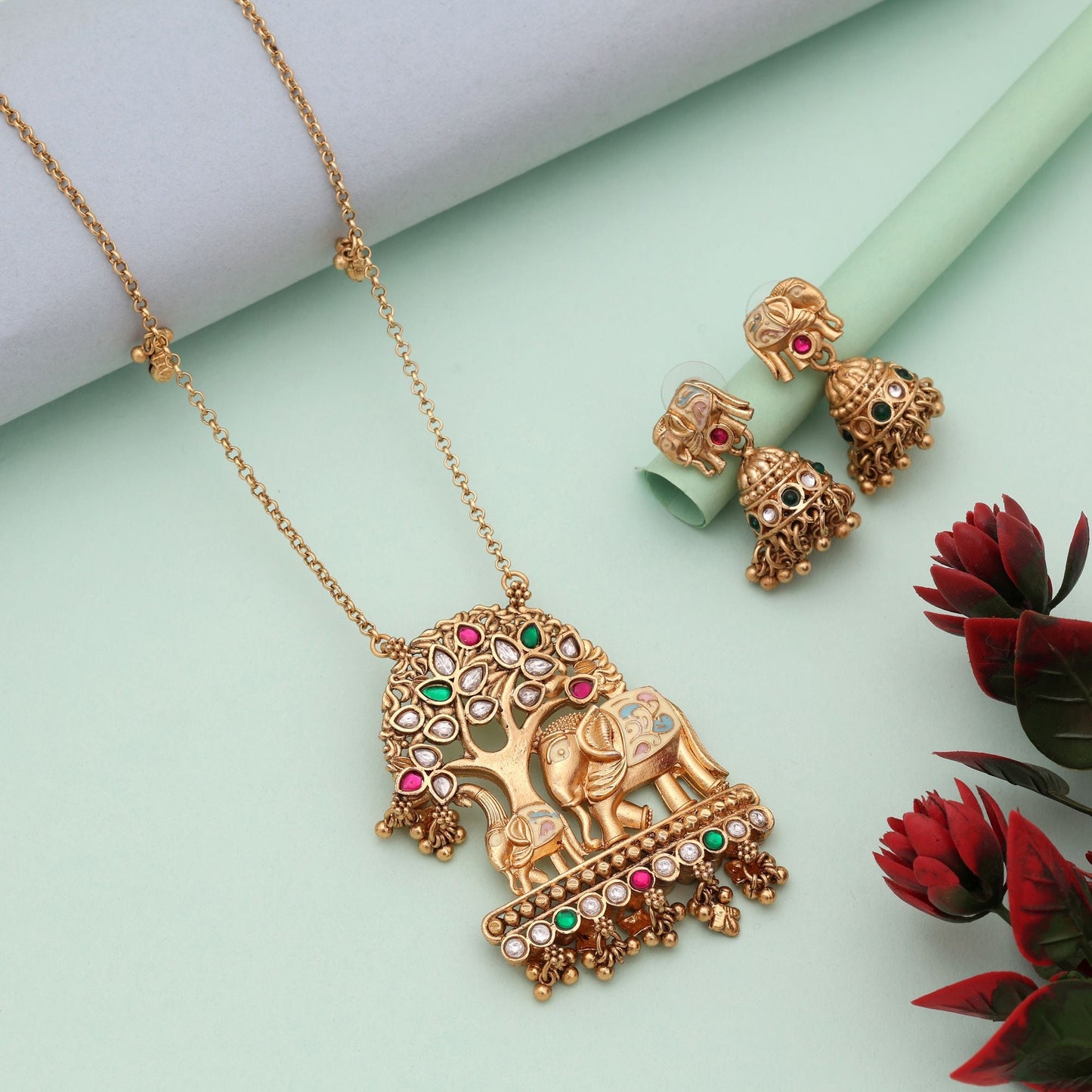 Multi Color Elephant Design Artistic Meena Matte Gold Necklace Set