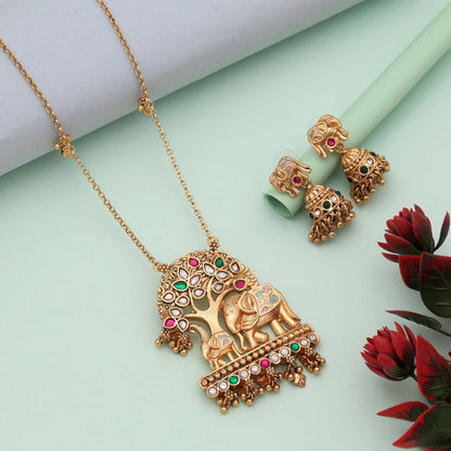 Multi Color Elephant Design Artistic Meena Matte Gold Necklace Set