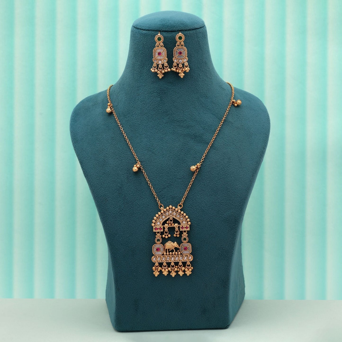 Rani & Green Color Classic Heritage Matte Gold Necklace Set For Festive Collection