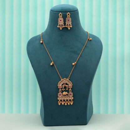 Rani & Green Color Classic Heritage Matte Gold Necklace Set For Festive Collection