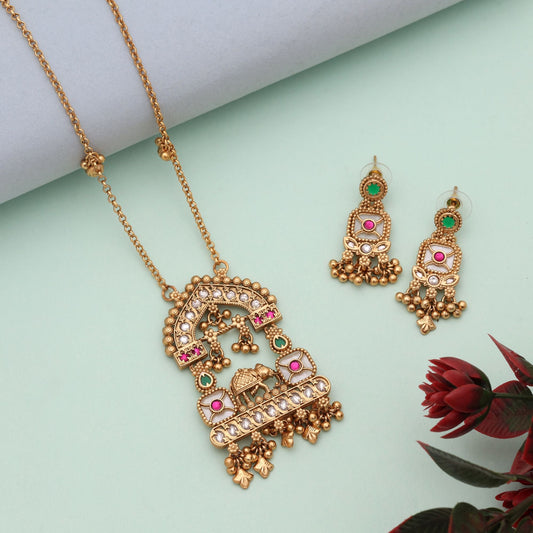 Rani & Green Color Classic Heritage Matte Gold Necklace Set For Festive Collection