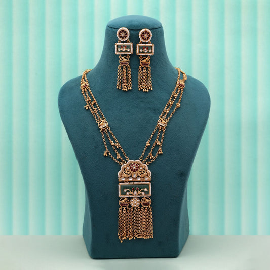 Pista Green & Maroon Color Ethnic Designer Matte Gold Necklace Set
