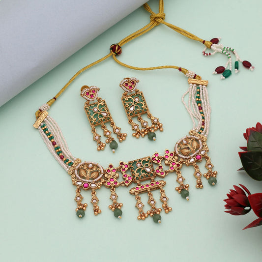 Pista Green & Rani Color Choker Style Matte Gold Necklace Set