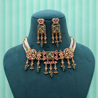 Pista Green & Rani Color Choker Style Matte Gold Necklace Set