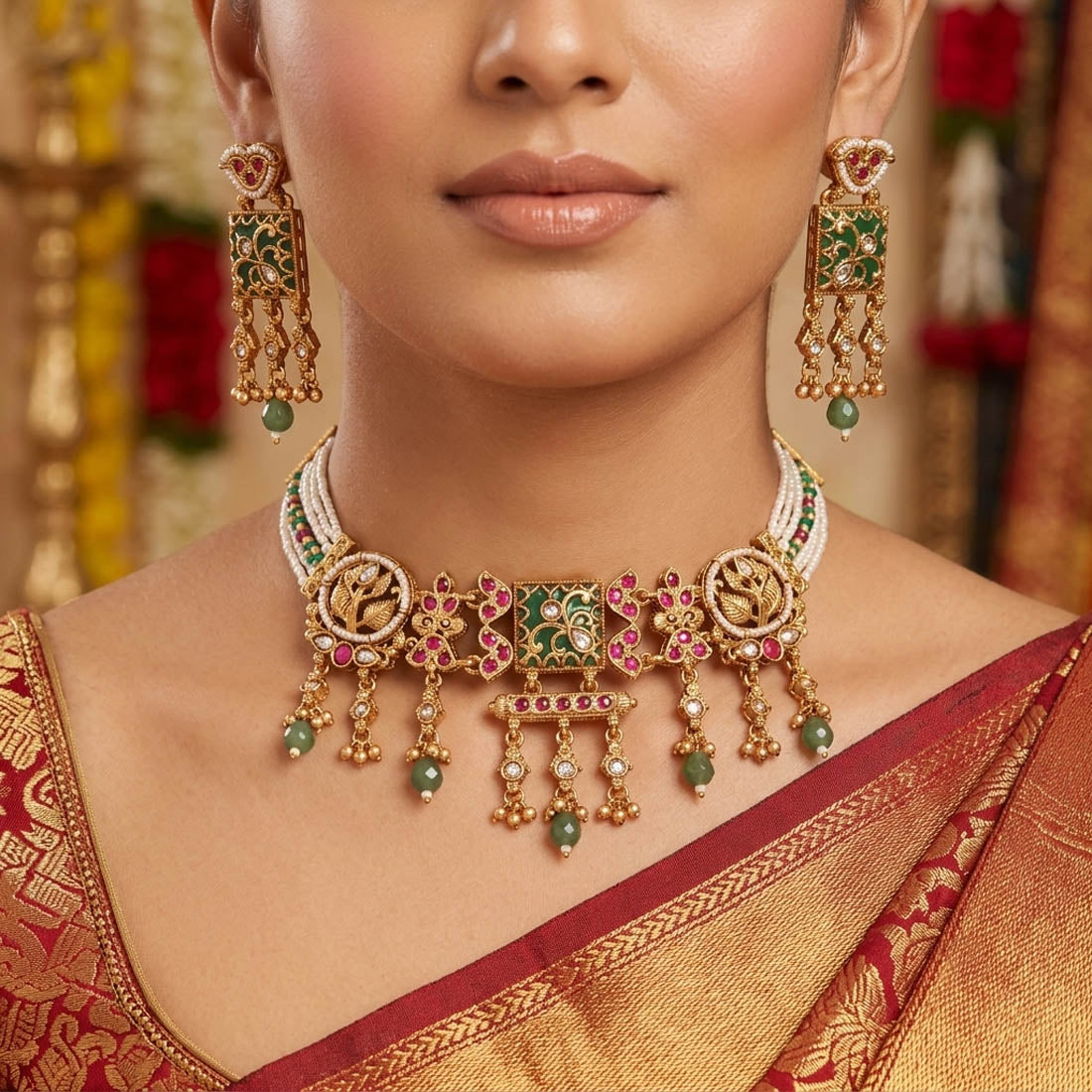 Halskette im Choker-Stil aus mattem Gold in Pista-Grün und Rani-Farbe