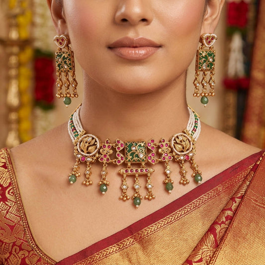 Halskette im Choker-Stil aus mattem Gold in Pista-Grün und Rani-Farbe
