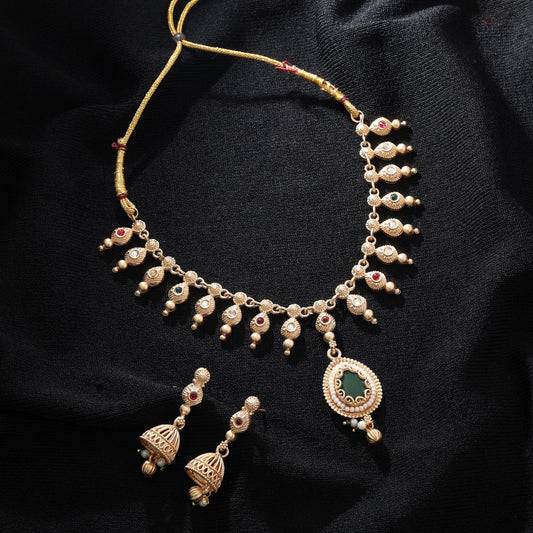 Green & Rani Color Matte Gold Necklace Set Traditional Elegant Jewelry Design