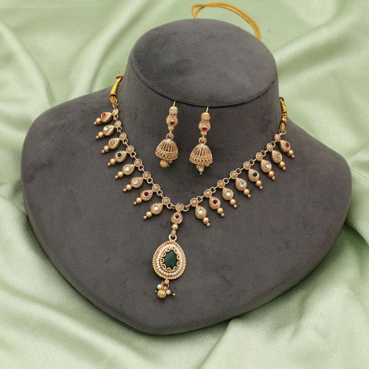 Green & Rani Color Matte Gold Necklace Set Traditional Elegant Jewelry Design