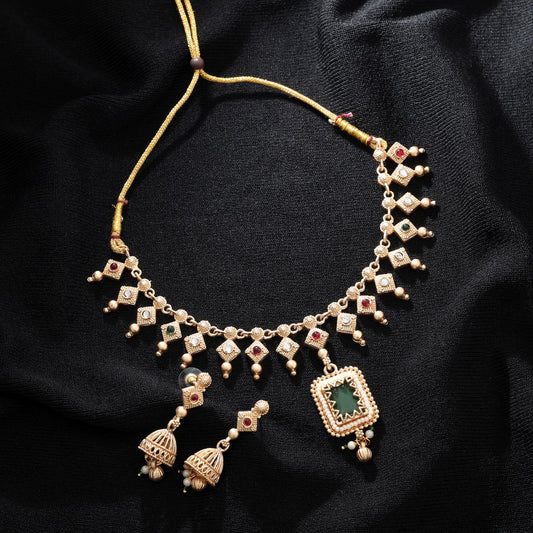 Green & Rani Color Matte Gold Necklace Set Stylish Ethnic Bridal Jewelry