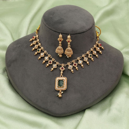 Green & Rani Color Matte Gold Necklace Set Stylish Ethnic Bridal Jewelry