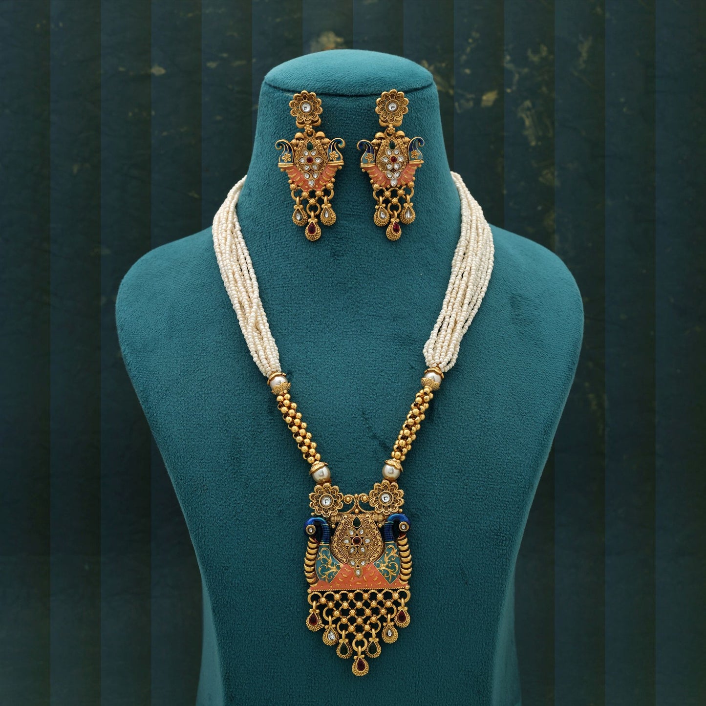Mehrfarbiges Meena-Arbeit Mattgold-Halsketten-Set Traditioneller ethnischer Partyschmuck