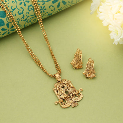 Goldfarbener Herr Radha Krishna Mattgold-Halskettenset Traditioneller Andachtsschmuck