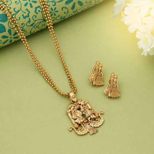 Goldfarbener Herr Radha Krishna Mattgold-Halskettenset Traditioneller Andachtsschmuck