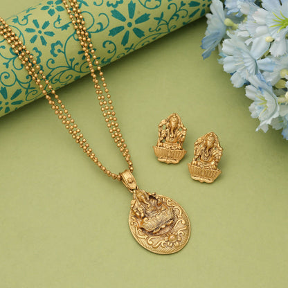 Goldfarbenes Lord Ganesha Mattgold-Halskettenset im klassischen Tempel-Stil, ethnischer Schmuck