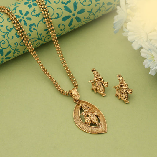 Goldfarbenes Lord Krishna Mattgold Halsketten-Set Religiöses Traditionelles Festliches Schmuckdesign