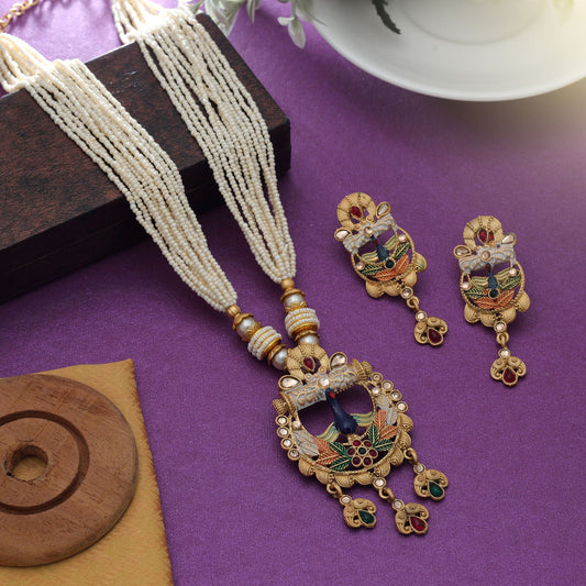 Mehrfarbiges Mint Meena Work Mattgold-Halskettenset Stilvoller ethnischer Partyschmuck