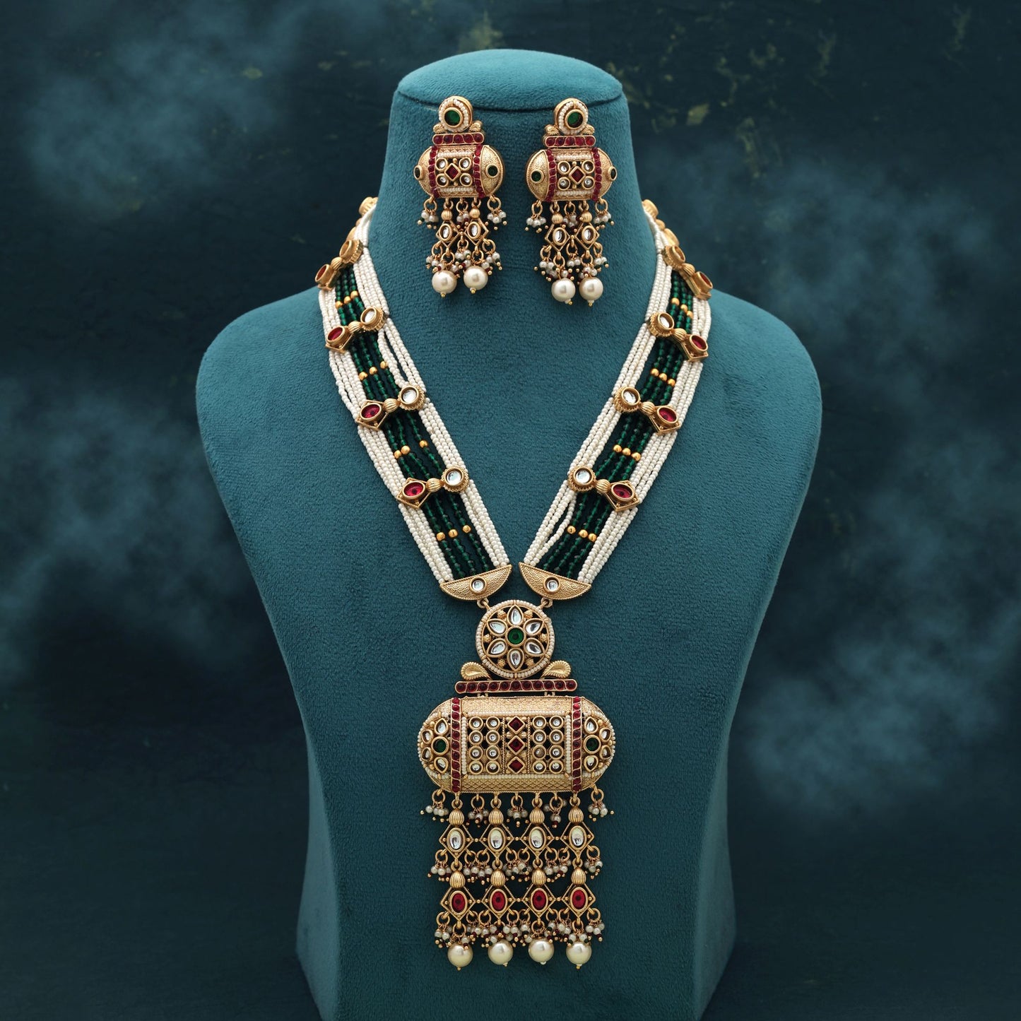 Rani Grüne Farbe Mattgold Halskettenset Elegante Traditionelle Braut Statement Schmuck