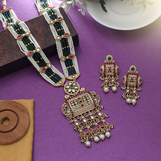 Rani Grüne Farbe Mattgold Halskettenset Elegante Traditionelle Braut Statement Schmuck