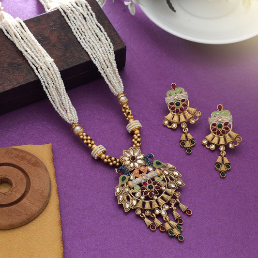 Mehrfarbige Mint-Meena-Arbeit Mattgold-Halskette Set Designer Ethnisch Festlicher Schmuck