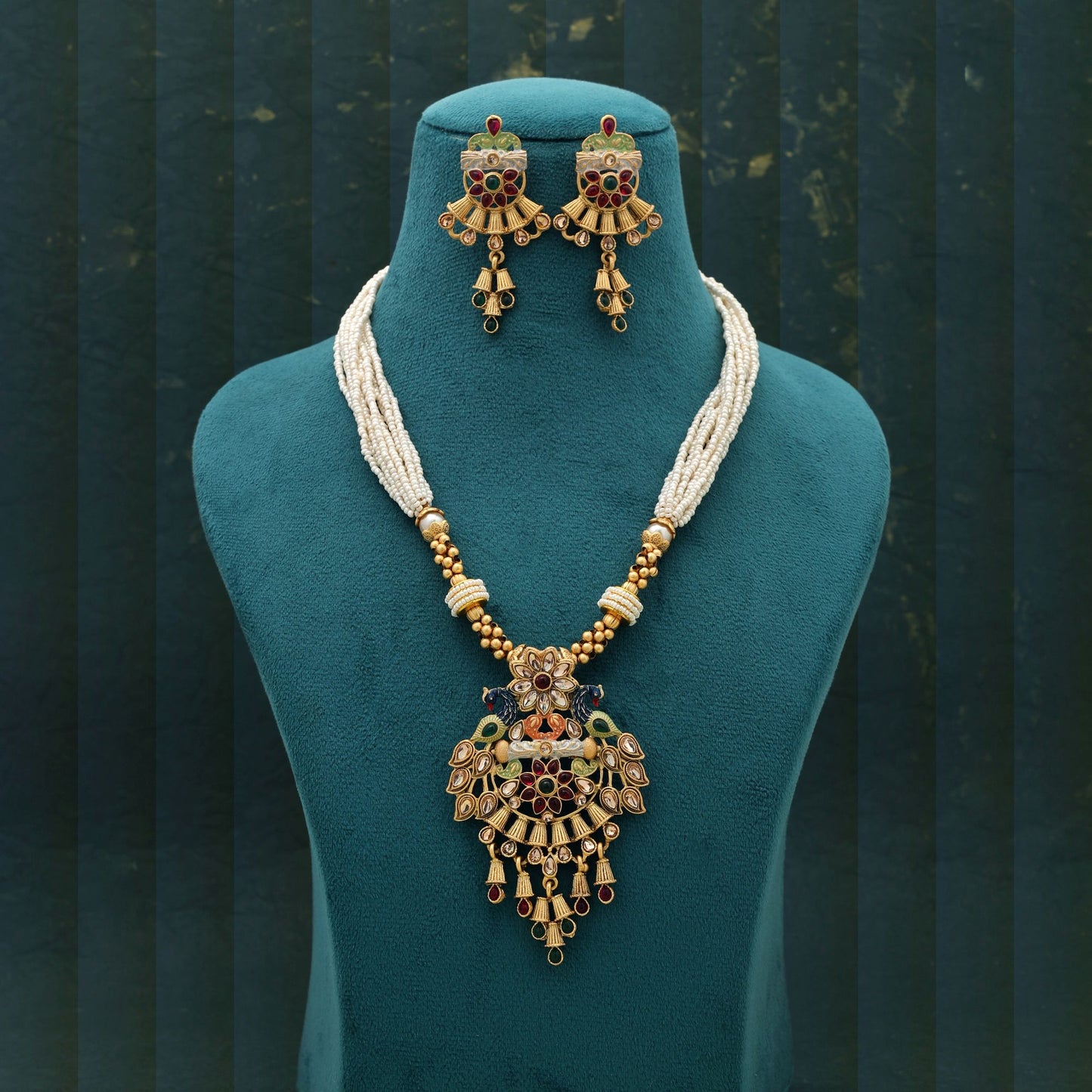 Mehrfarbige Mint-Meena-Arbeit Mattgold-Halskette Set Designer Ethnisch Festlicher Schmuck