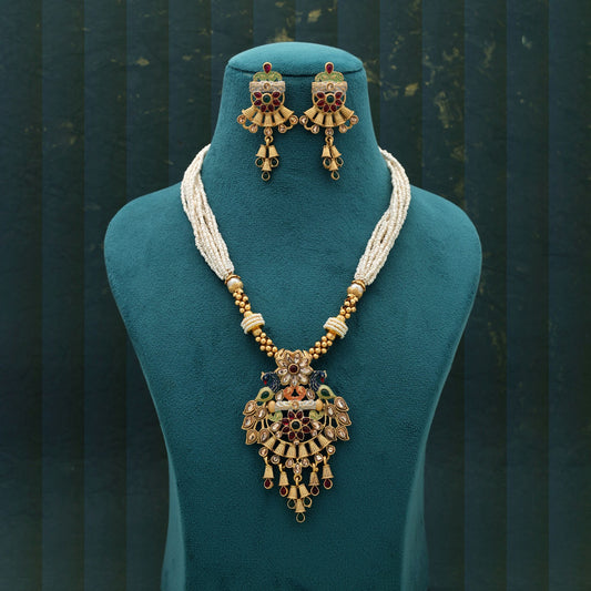 Mehrfarbige Mint-Meena-Arbeit Mattgold-Halskette Set Designer Ethnisch Festlicher Schmuck
