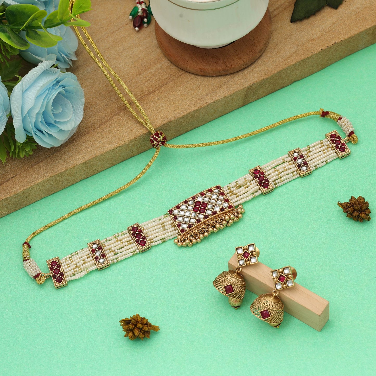 Dunkelrotes Halsband Mattgold-Halskettenset Klassischer traditioneller Brautpartyschmuck