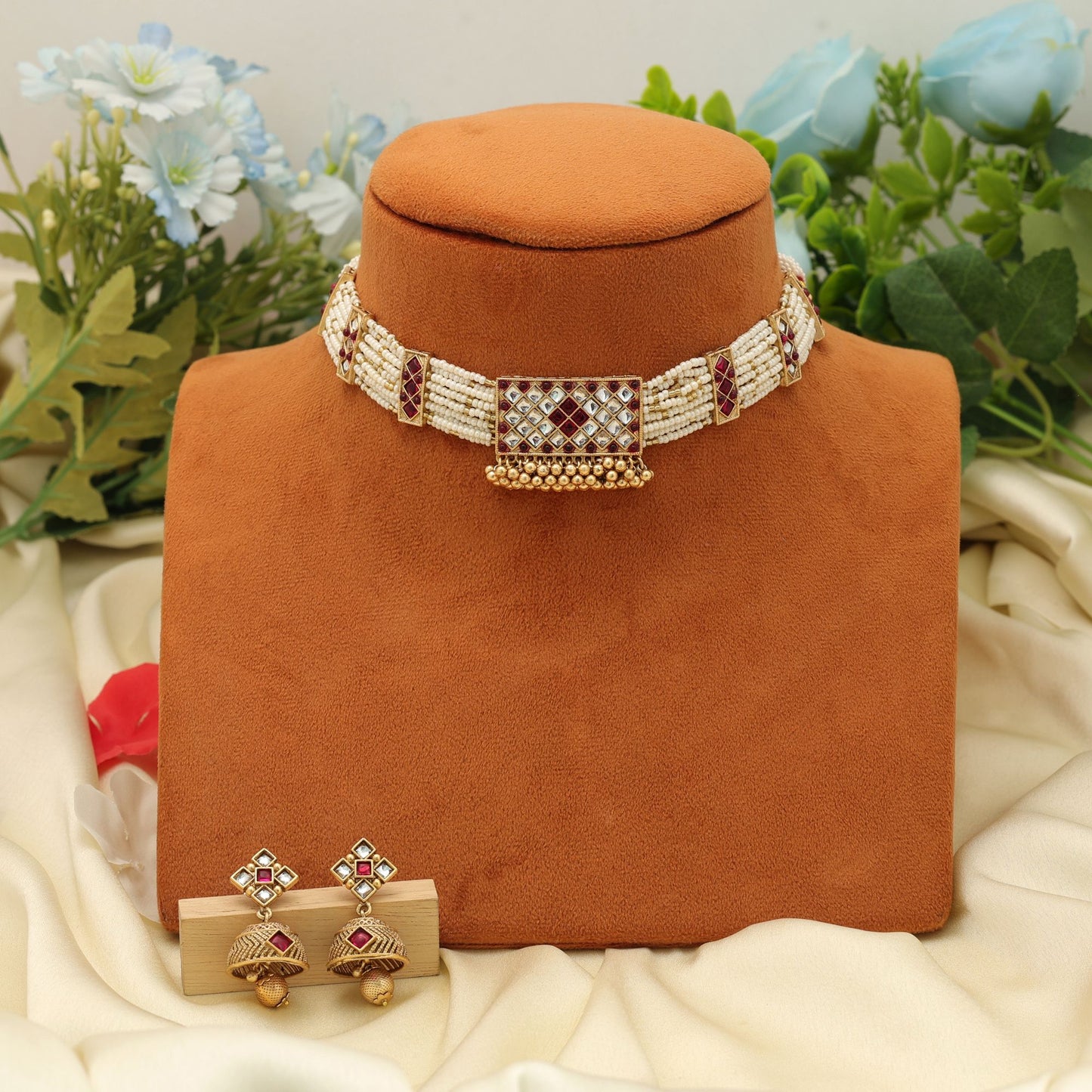 Dunkelrotes Halsband Mattgold-Halskettenset Klassischer traditioneller Brautpartyschmuck
