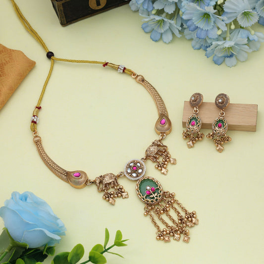 Rani & Green Color Matte Gold Necklace Set Royal Ethnic Festive Statement Jewelry Collection