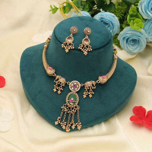 Rani & Green Color Matte Gold Necklace Set Royal Ethnic Festive Statement Jewelry Collection