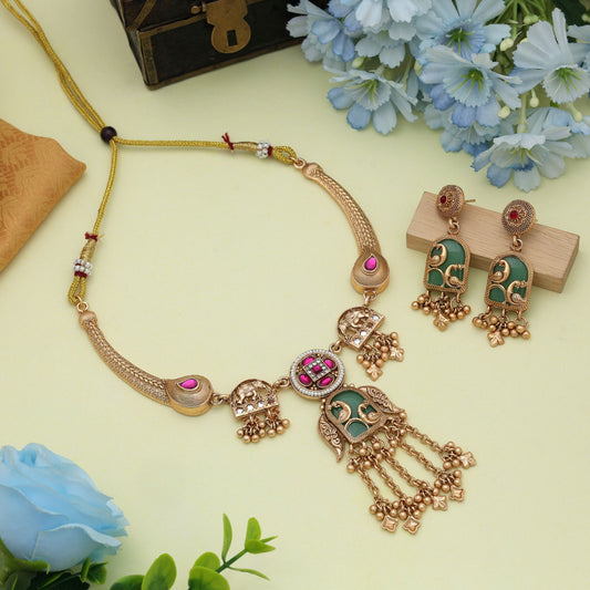 Rani & Green Color Matte Gold Necklace Set Designer Traditional Party Wear Elegant Jewelry