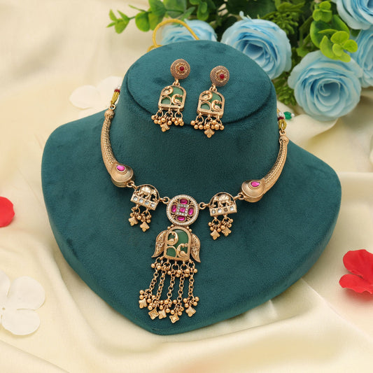 Rani & Green Color Matte Gold Necklace Set Designer Traditional Party Wear Elegant Jewelry